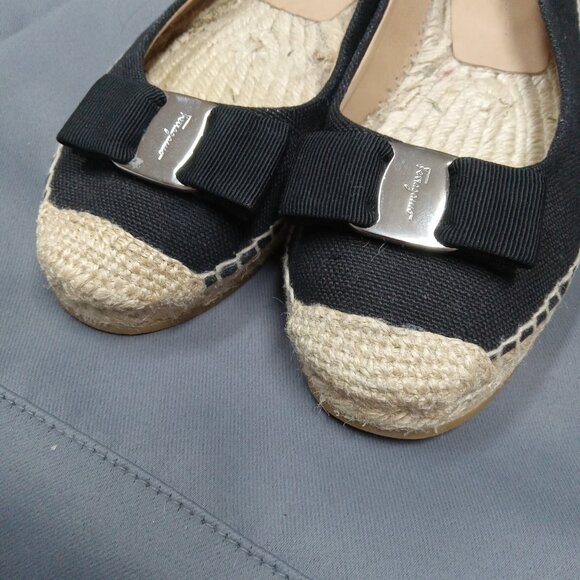 Salvatore Ferragamo Black Canvas Espadrille Ballet Flats LOGO Bow US 9M Spain - Picture 5 of 12